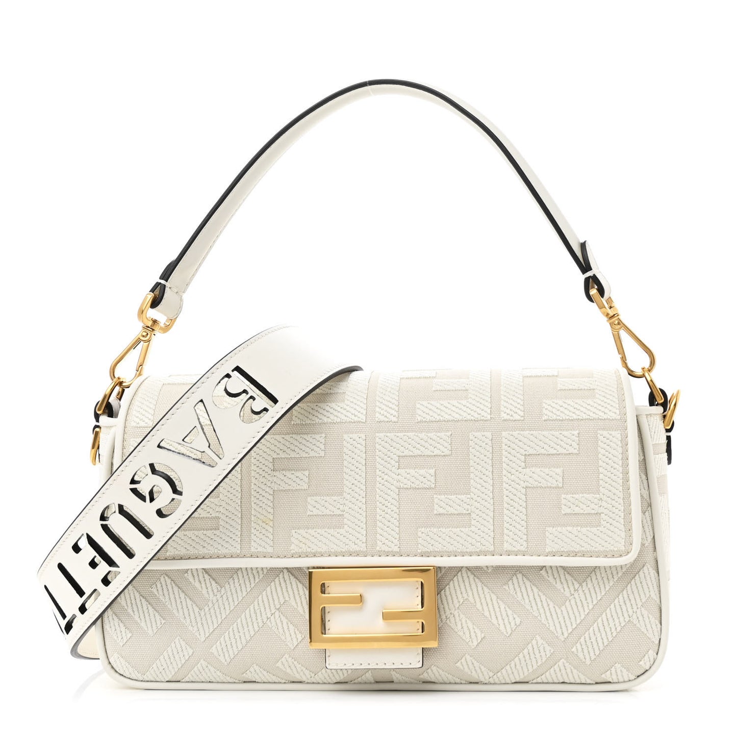Canvas Vitello King Extra Strap FF Embroidered Baguette White Ice
