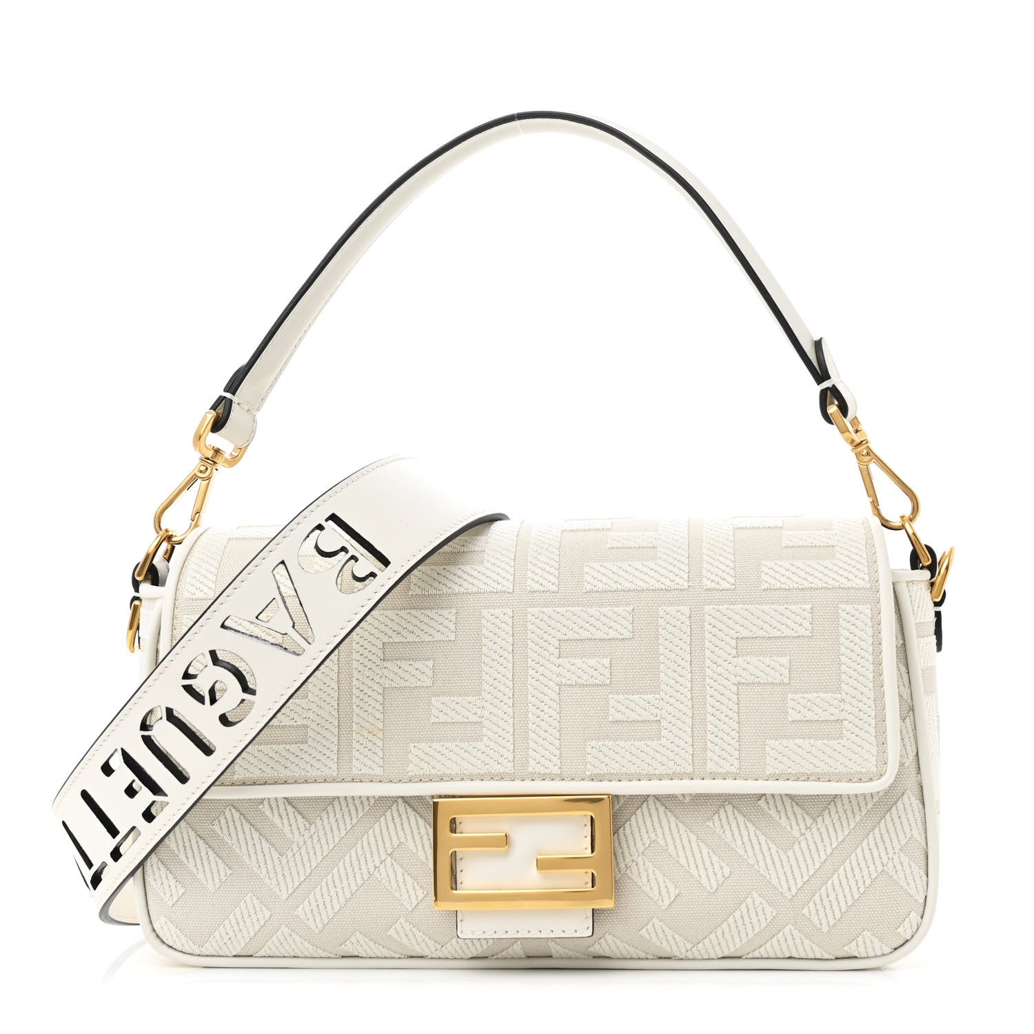 Fendi Canvas Vitello King Extra Strap FF Embroidered Baguette White Ice 1 of 13