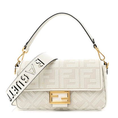 Fendi Canvas Vitello King Extra Strap FF Embroidered Baguette White Ice 1 of 13