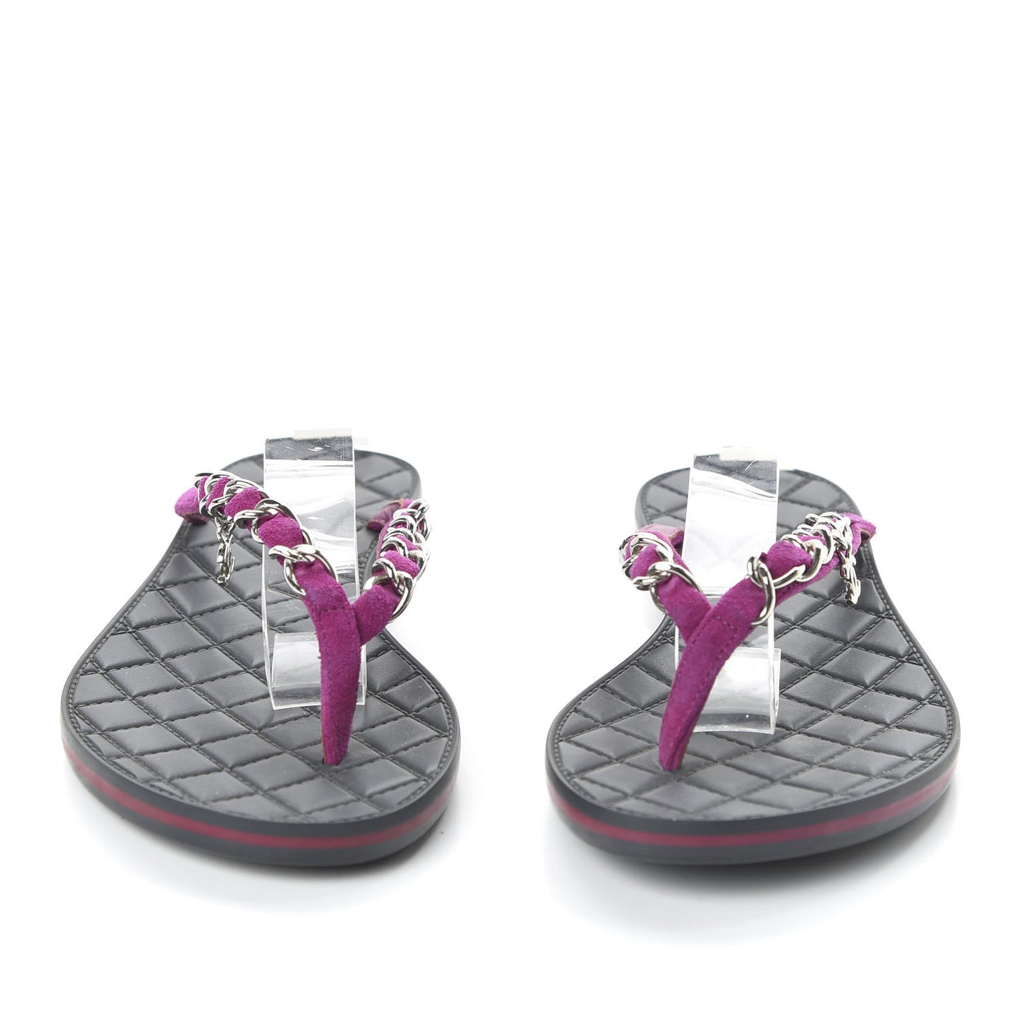 Suede Calfskin Quilted Chain Thong Sandals 36 Pink