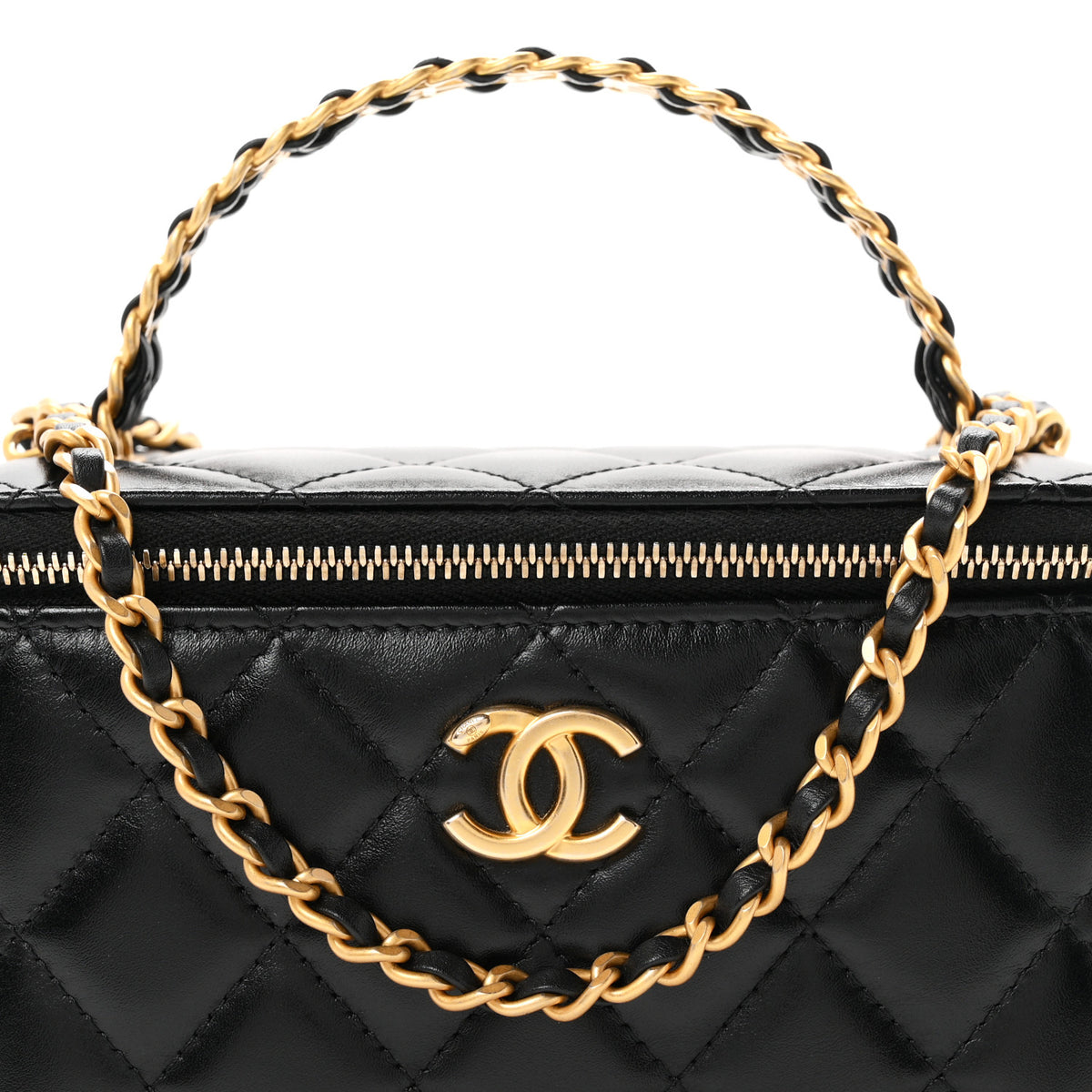 Shiny Calfskin Quilted Small Top Handle Vanity Case With Chain Black
