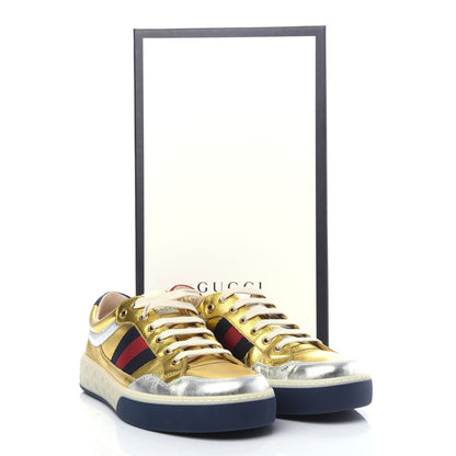 Gucci Metallic Nappa Web Mens Low Top Sneakers 8.5 Argento Oro Vecchio 11 of 11