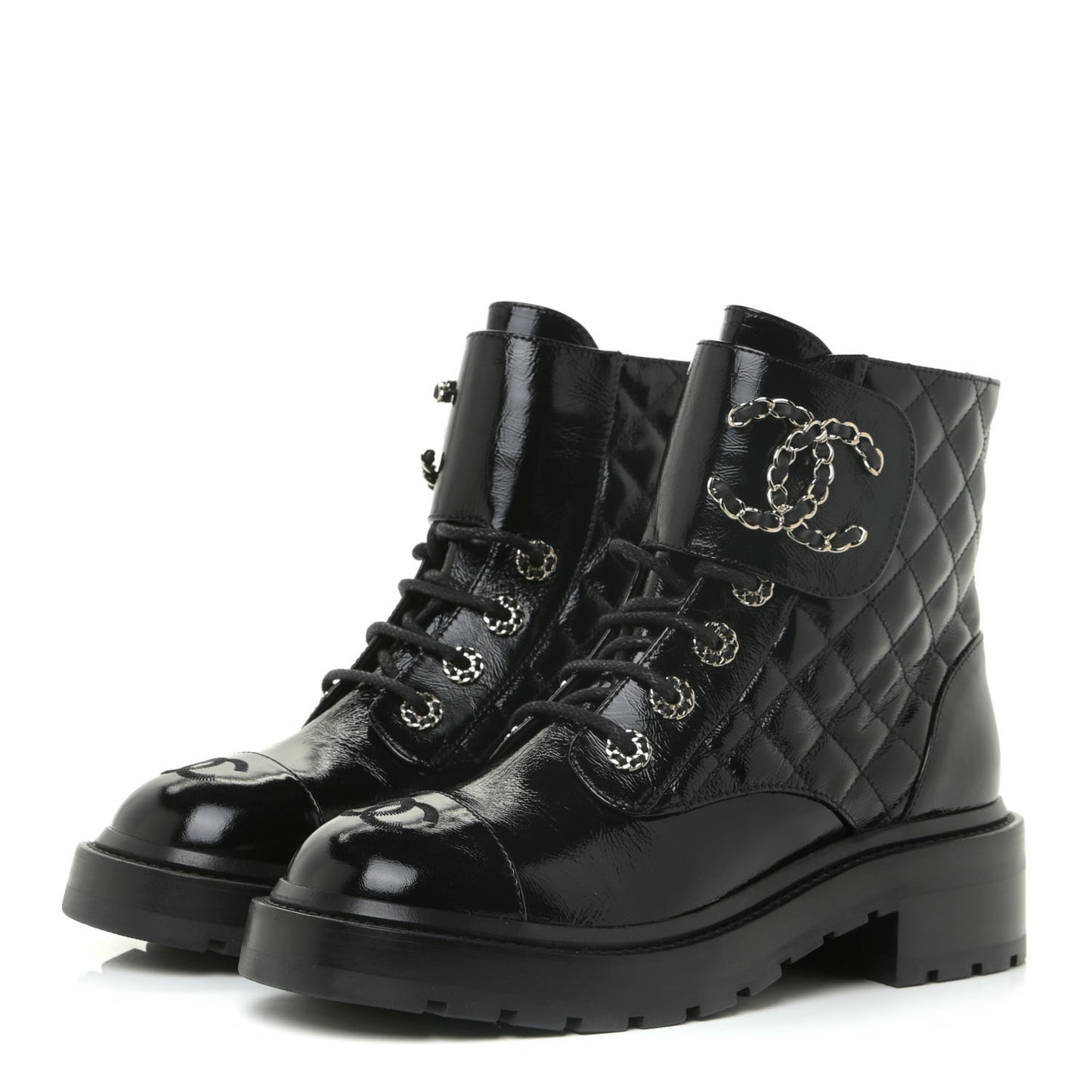 Shiny Calfskin Quilted Lace Up Combat Boots 36.5 Black