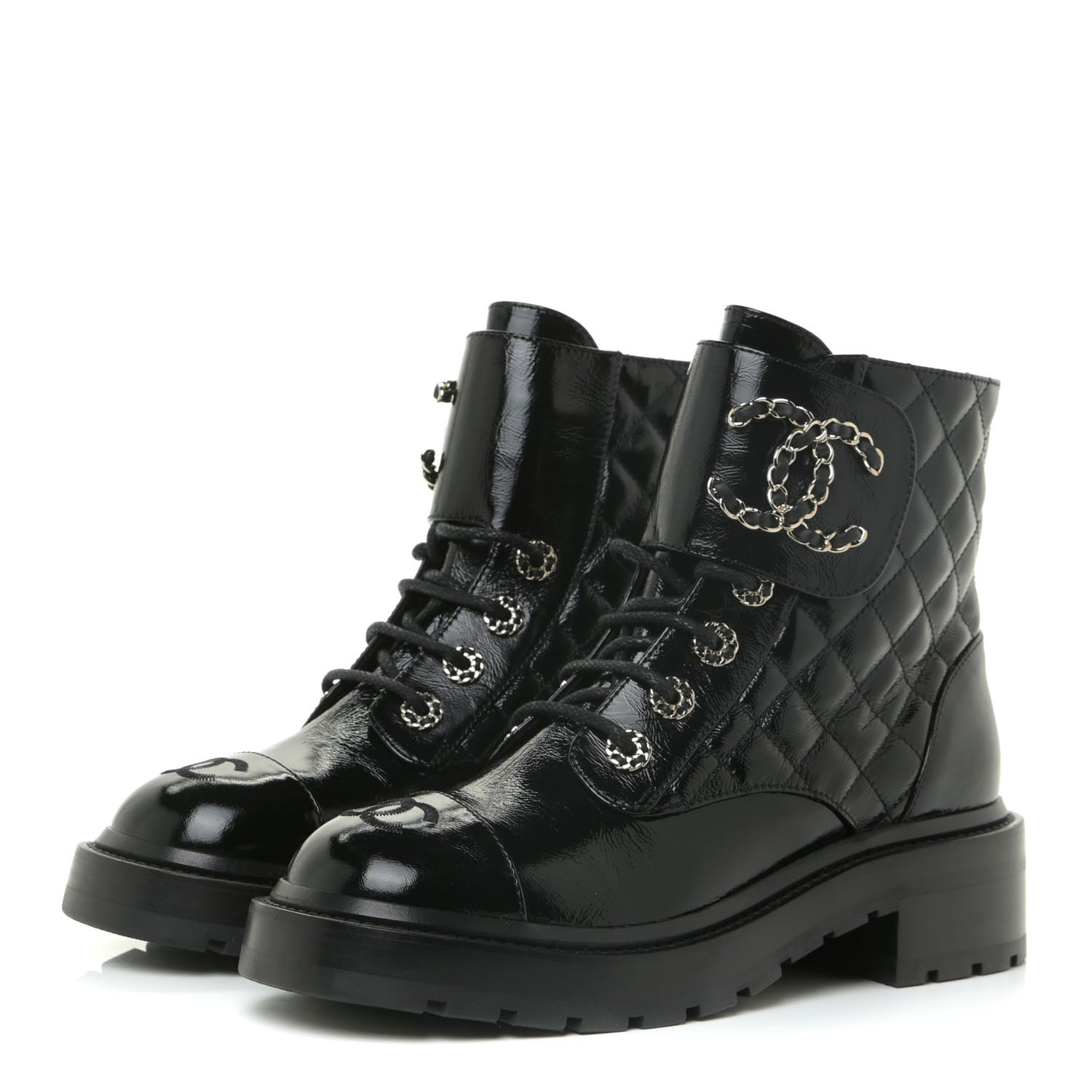 Chanel Shiny Calfskin Quilted Lace Up Combat Boots 36.5 Black 3 of 12