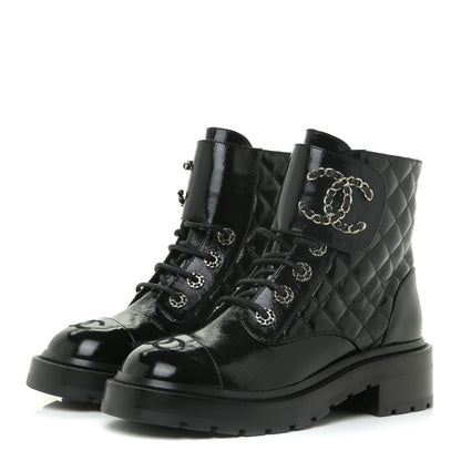 Chanel Shiny Calfskin Quilted Lace Up Combat Boots 36.5 Black 3 of 12