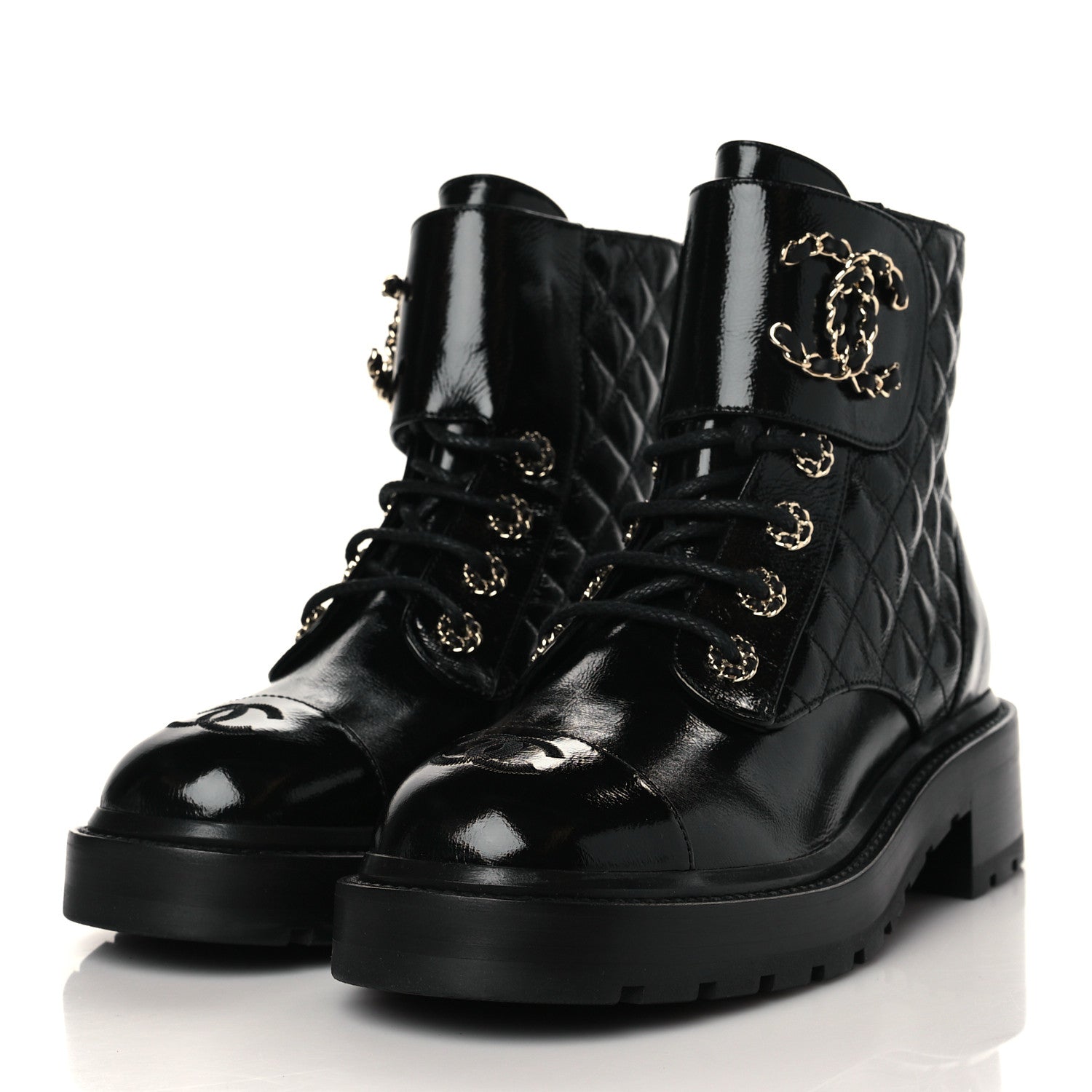 Chanel Shiny Calfskin Quilted Lace Up Combat Boots 37.5 Black 3 of 9