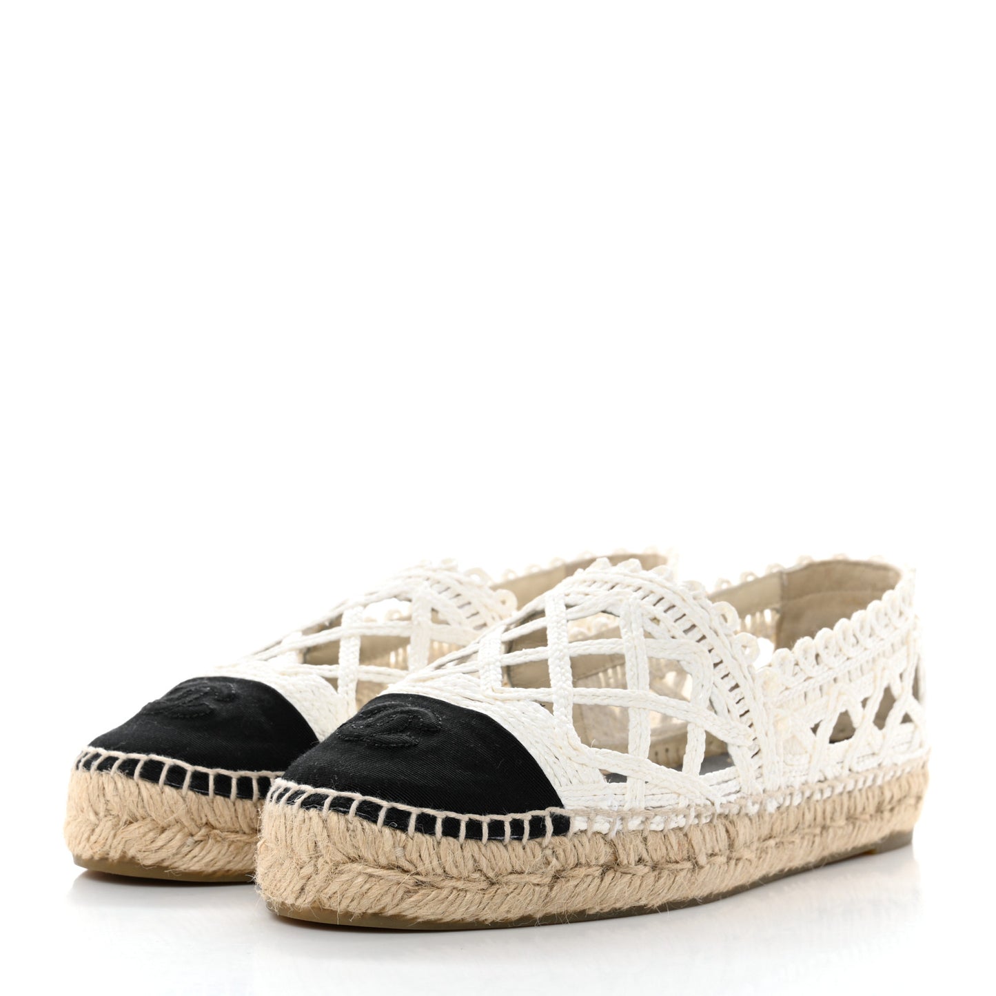 Woven Fabric Grosgrain CC Espadrilles 39 White Black
