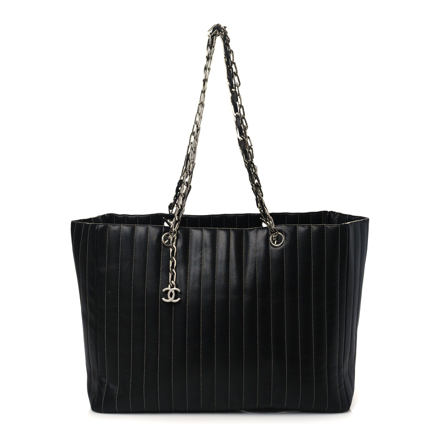 Lambskin Vertical Quilted Large Mademoiselle Tote Black