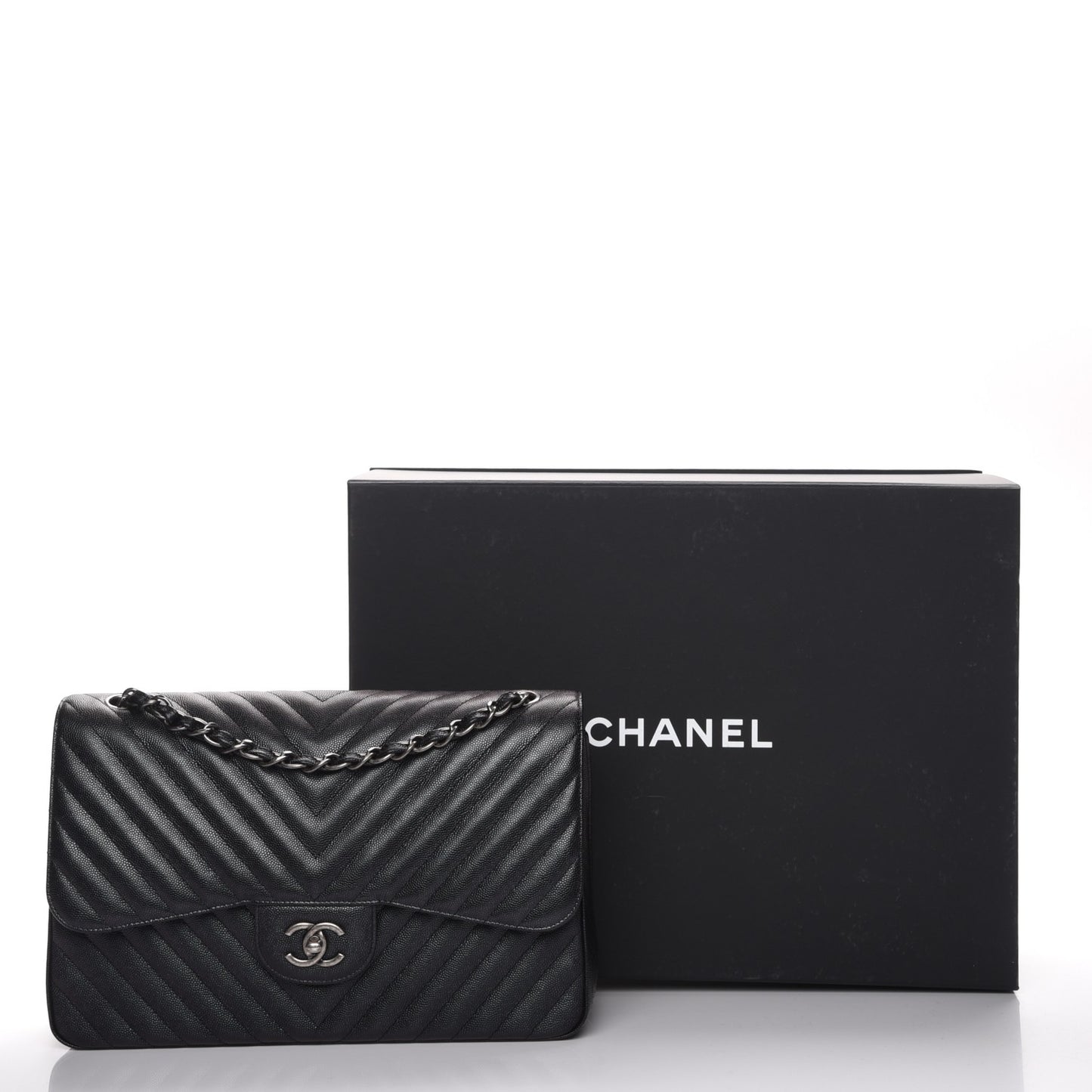Metallic Caviar Chevron Quilted Jumbo Double Flap Black