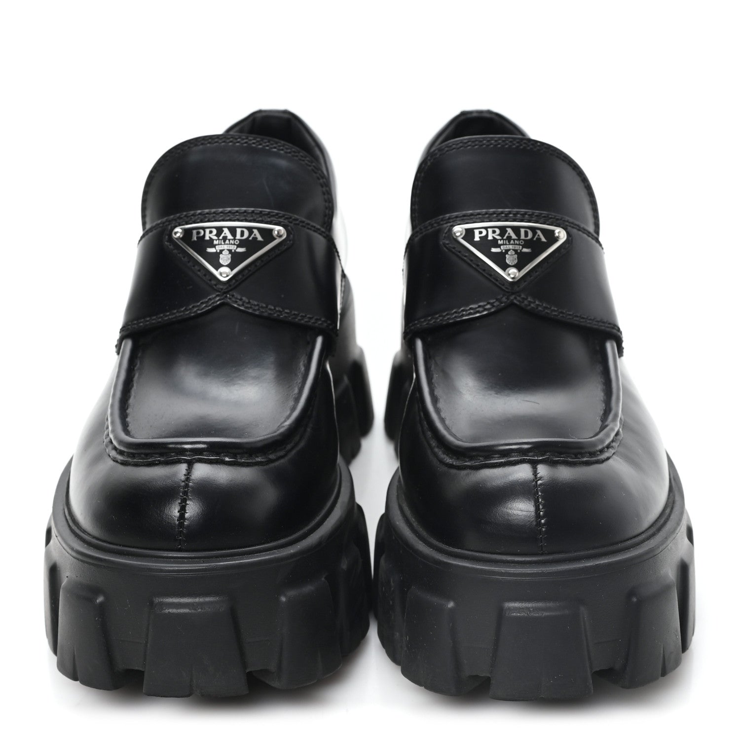 Prada Spazzolato Rois Metal Triangle Logo Monolith 55mm Loafers 36.5 Black 3 of 9