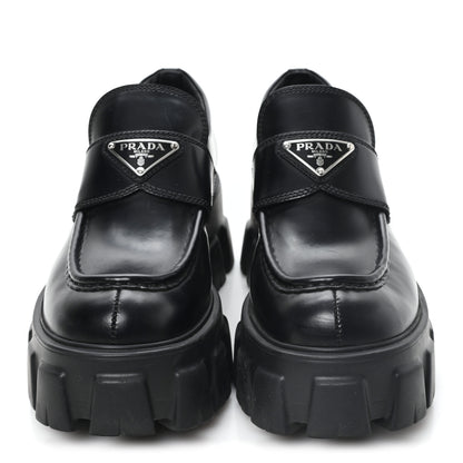 Prada Spazzolato Rois Metal Triangle Logo Monolith 55mm Loafers 36.5 Black 3 of 9