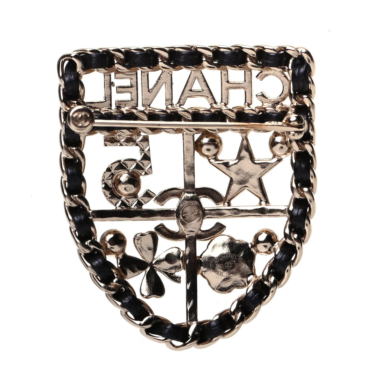 Lambskin Pearl Strass Sergeant Chanel Shield Brooch Gold