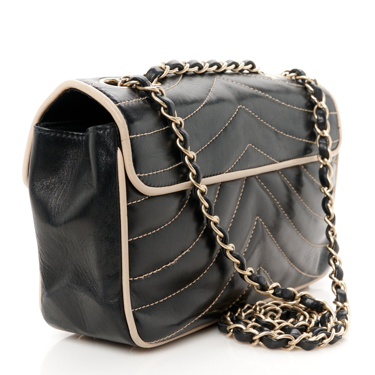 Lambskin Quilted Single Flap Bag Black Beige