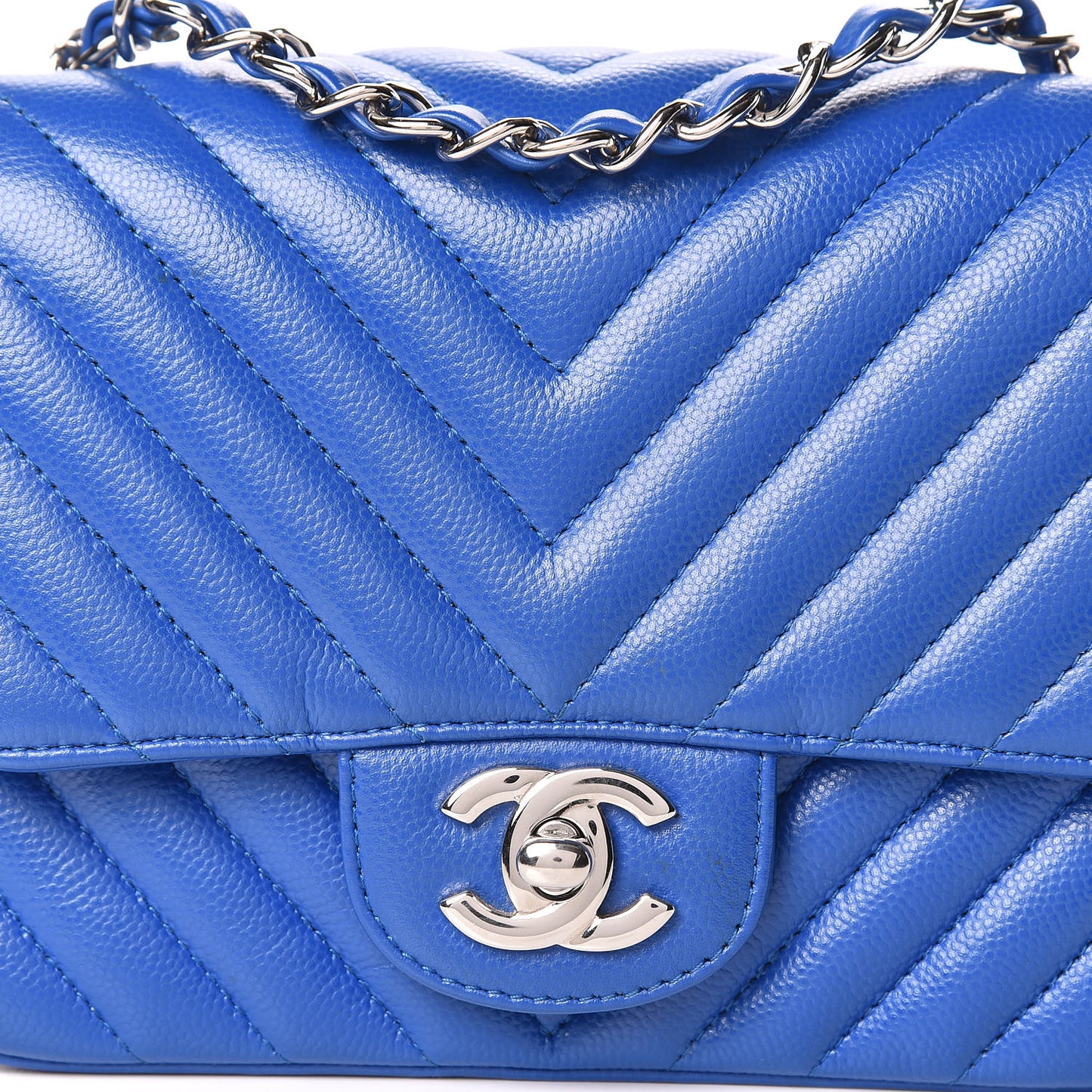 Caviar Chevron Quilted Mini Square Flap Blue