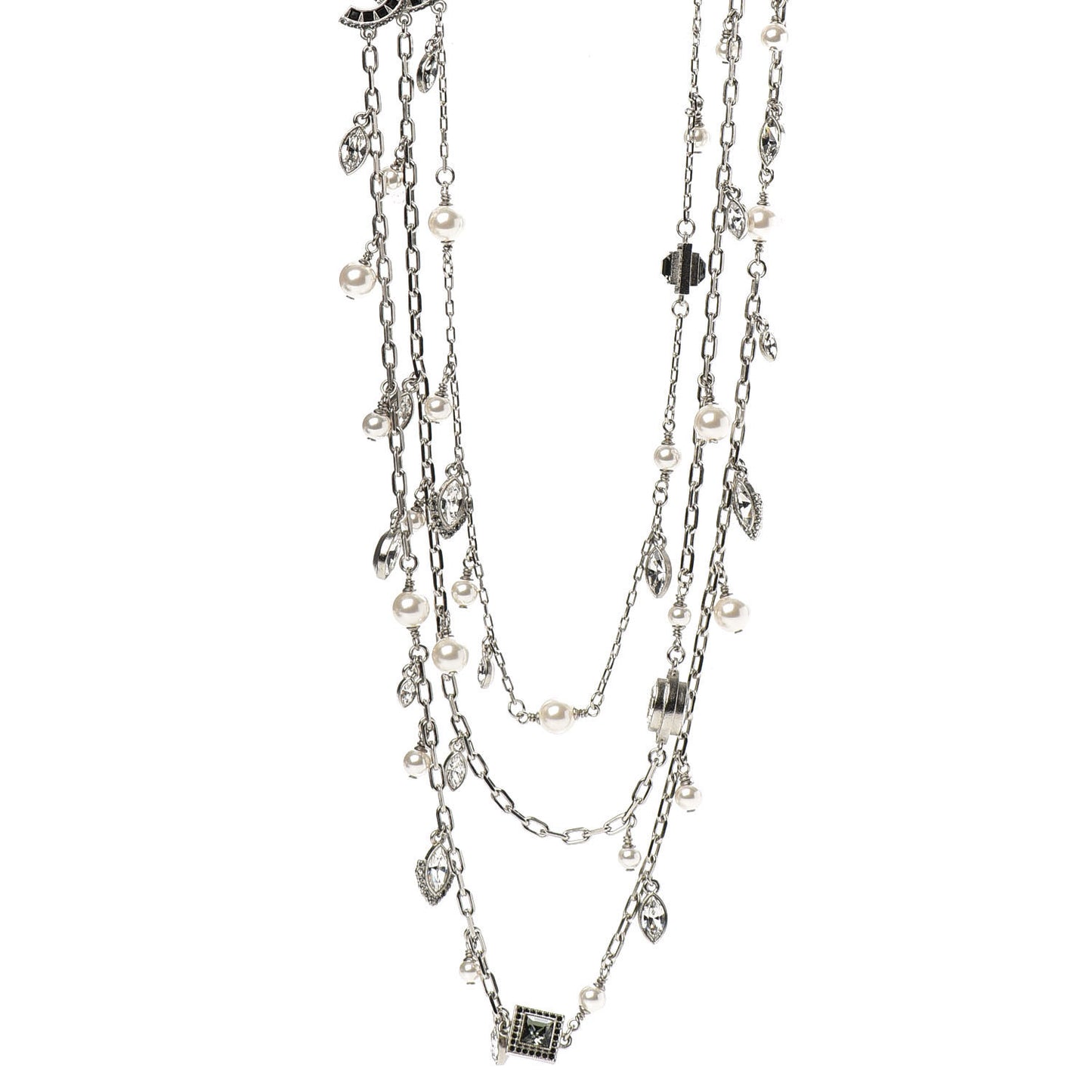 Pearl Baguette Crystal CC Maltese Cross Necklace Silver Black
