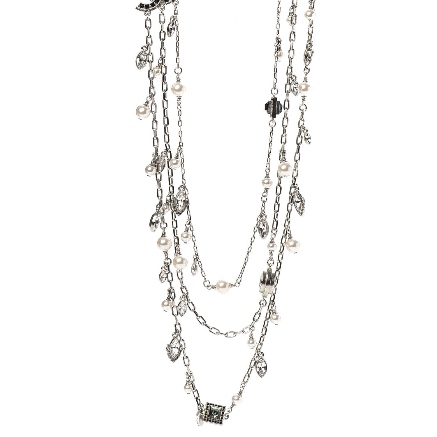 Chanel Pearl Baguette Crystal CC Maltese Cross Necklace Silver Black 1 of 6