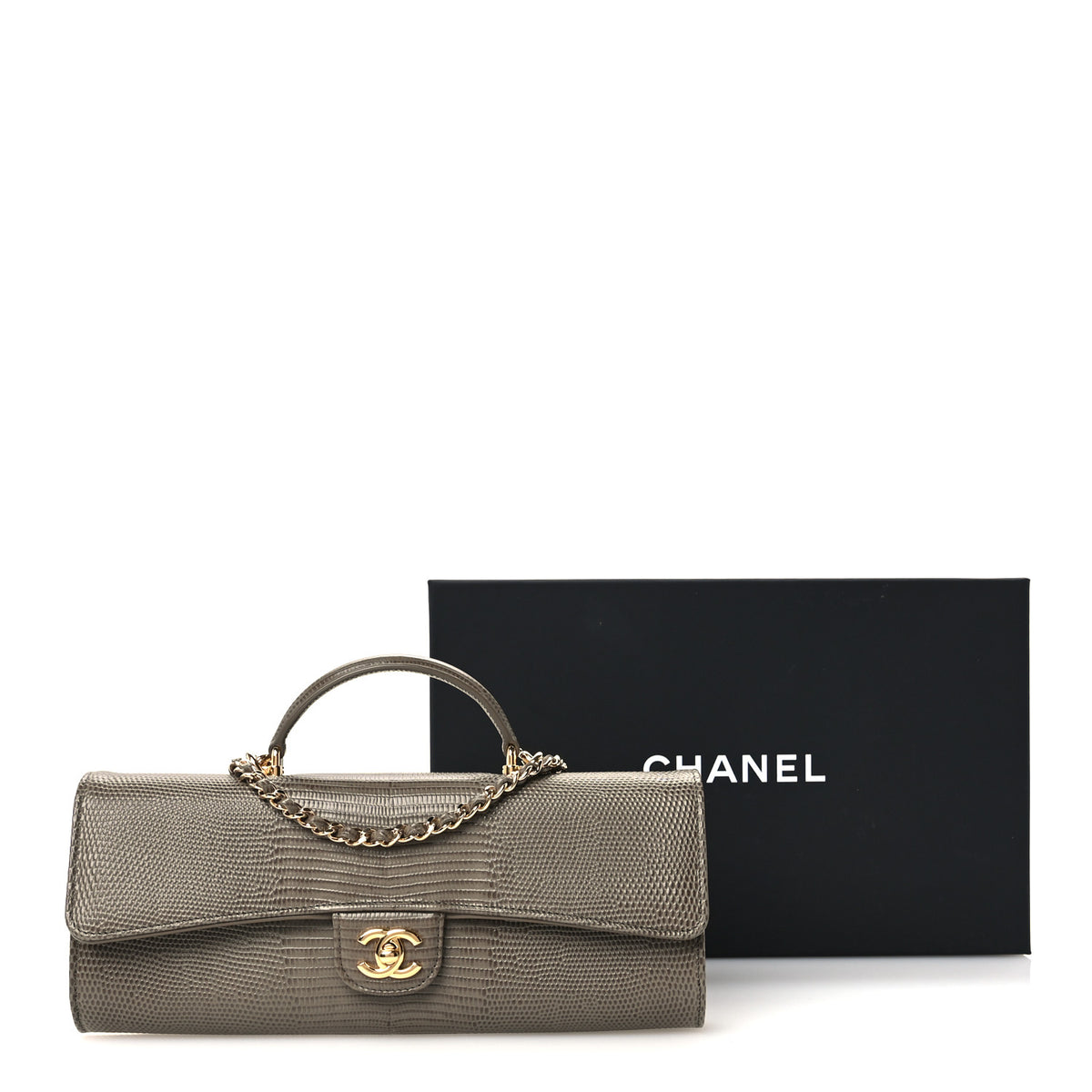 Chanel Calfskin Lizard Embossed Top Handle Long Clutch With Chain Dark Khaki 12 of 12