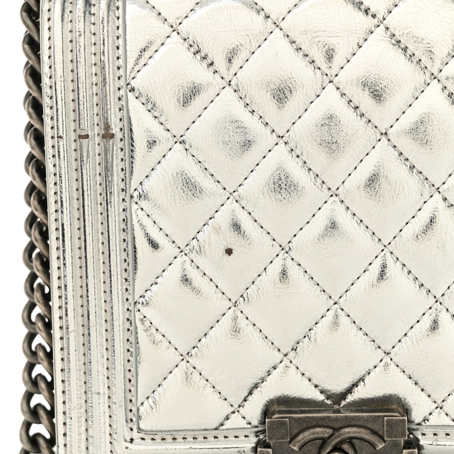 Metallic Goatskin Quilted North South Boy Flap Silver