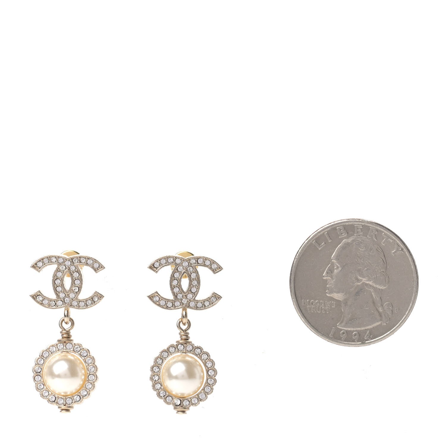 Chanel Crystal Pearl CC Lace Camellia Earrings Gold 2 of 4