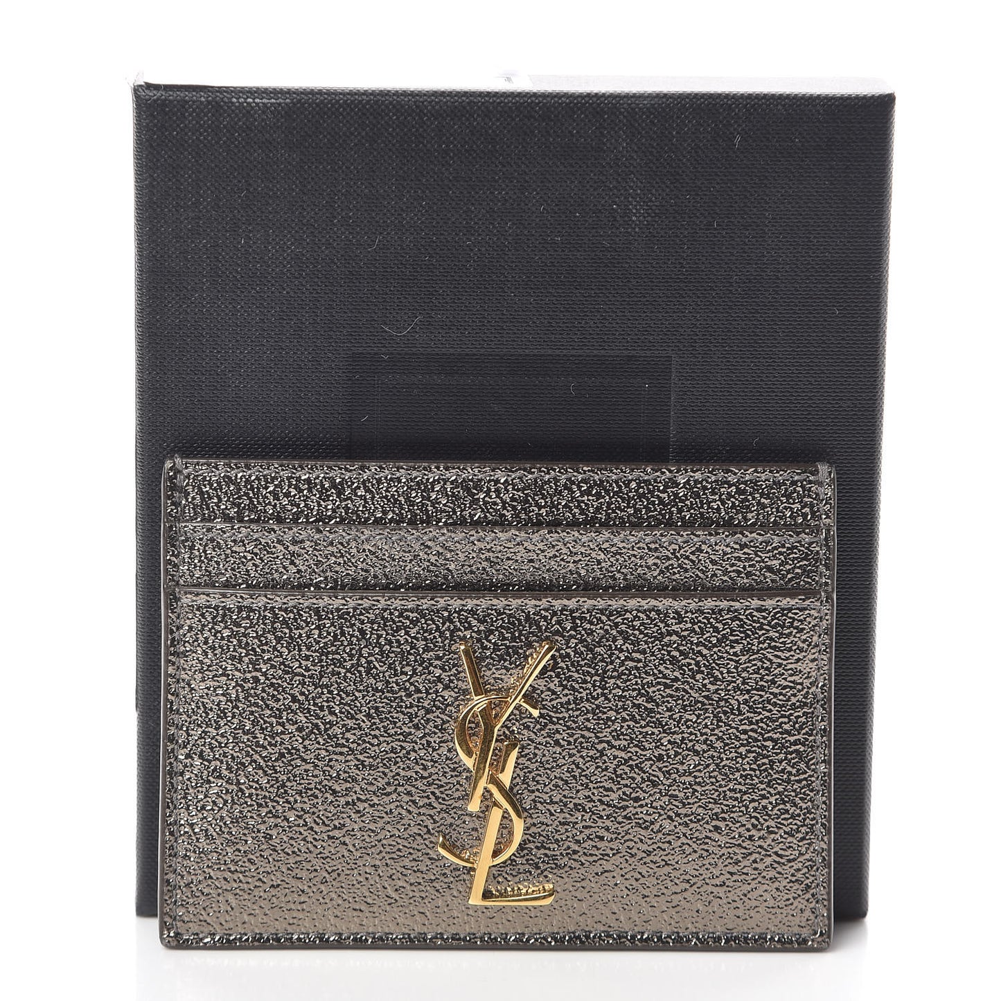 Metallic Grained Calfskin Monogram Credit Card Case Gris