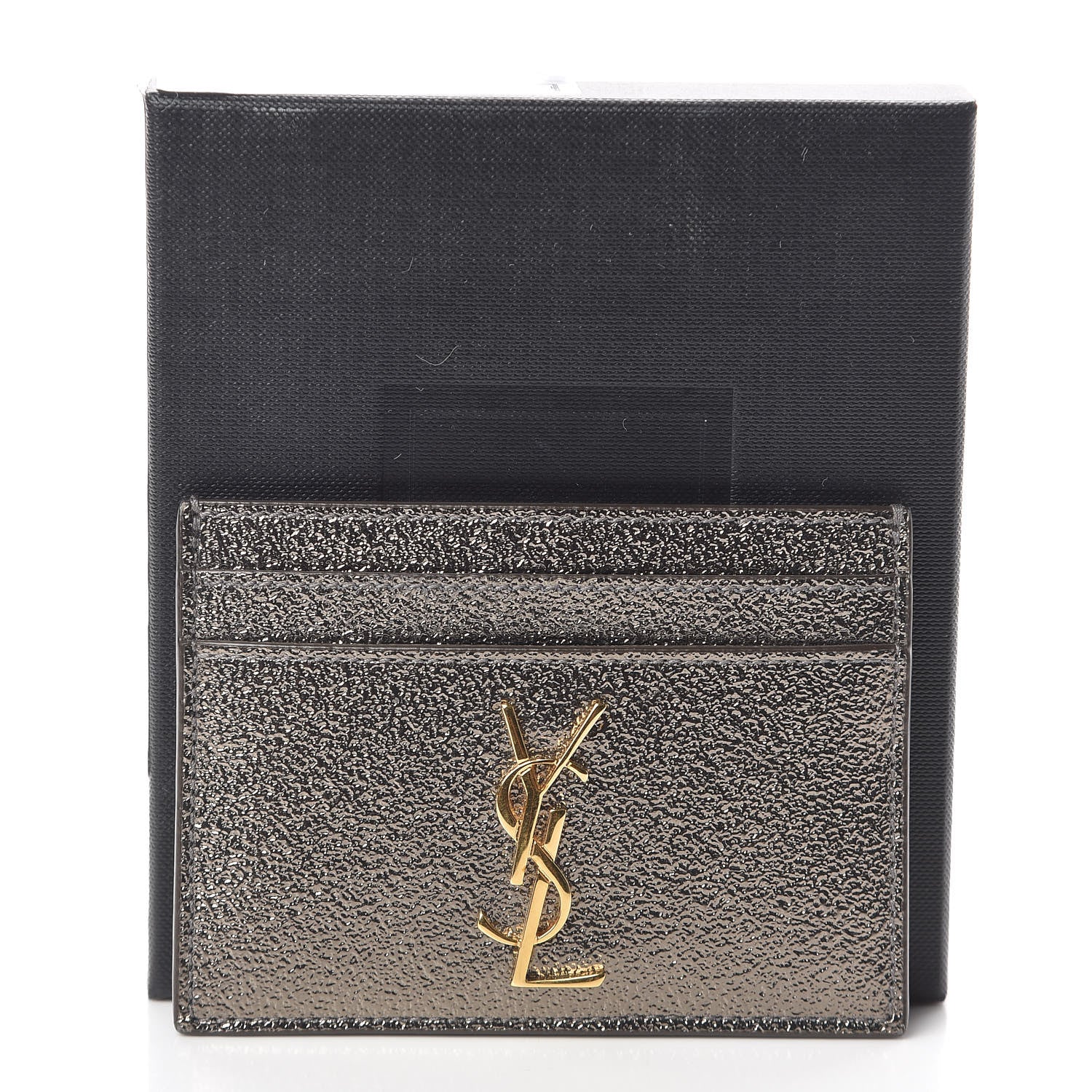 Saint Laurent Metallic Grained Calfskin Monogram Credit Card Case Gris 7 of 7