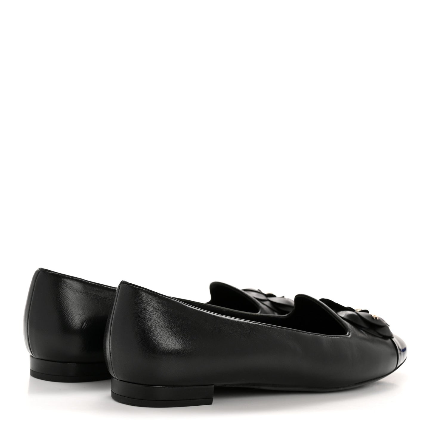 Lambskin Patent Calfskin Camellia Cap Toe Loafers 38 Black