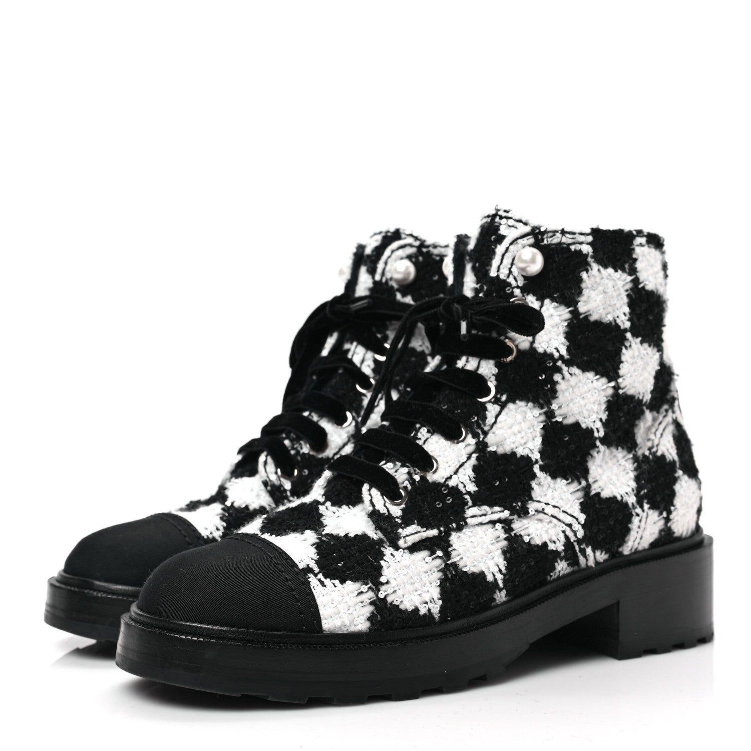 Chanel Tweed Grosgrain Pearl Combat Short Boots 39 White Black 3 of 7