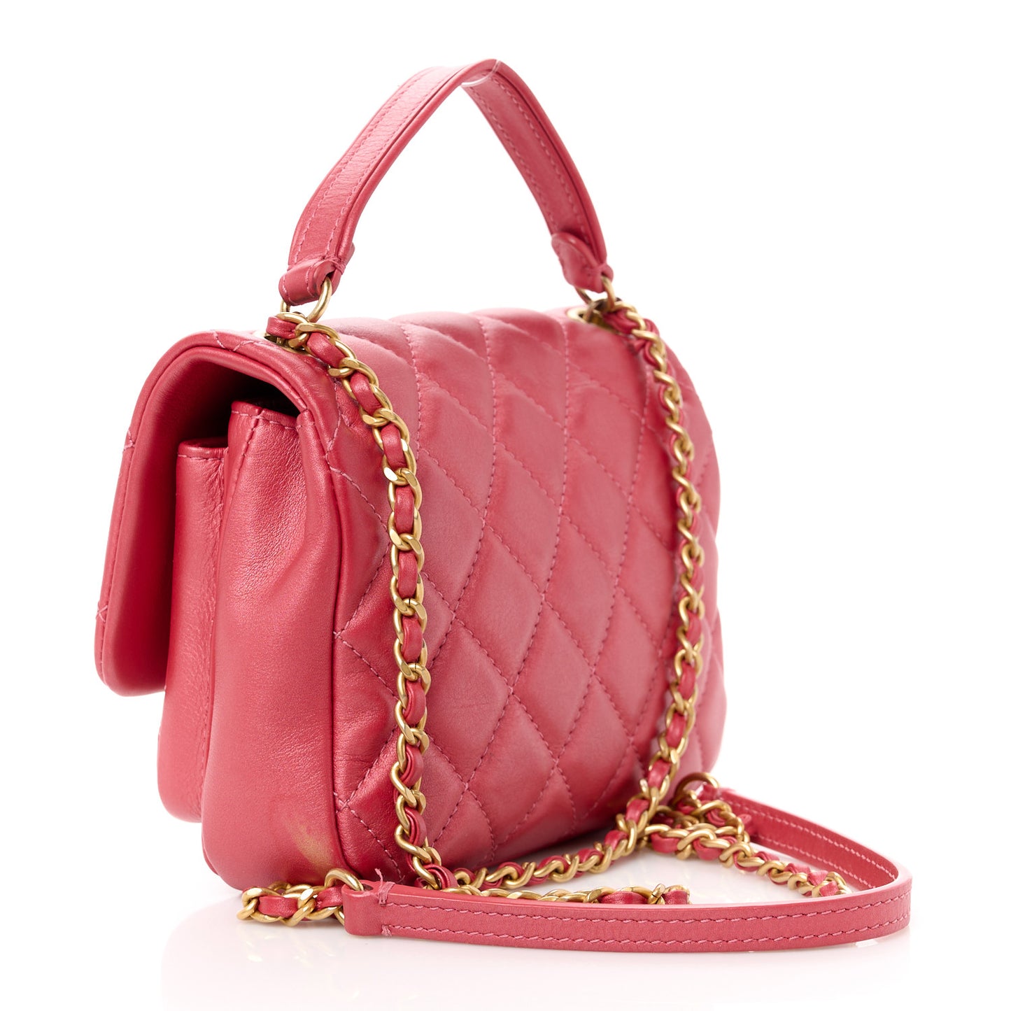 Metallic Calfskin Quilted Top Handle Flap Dark Pink