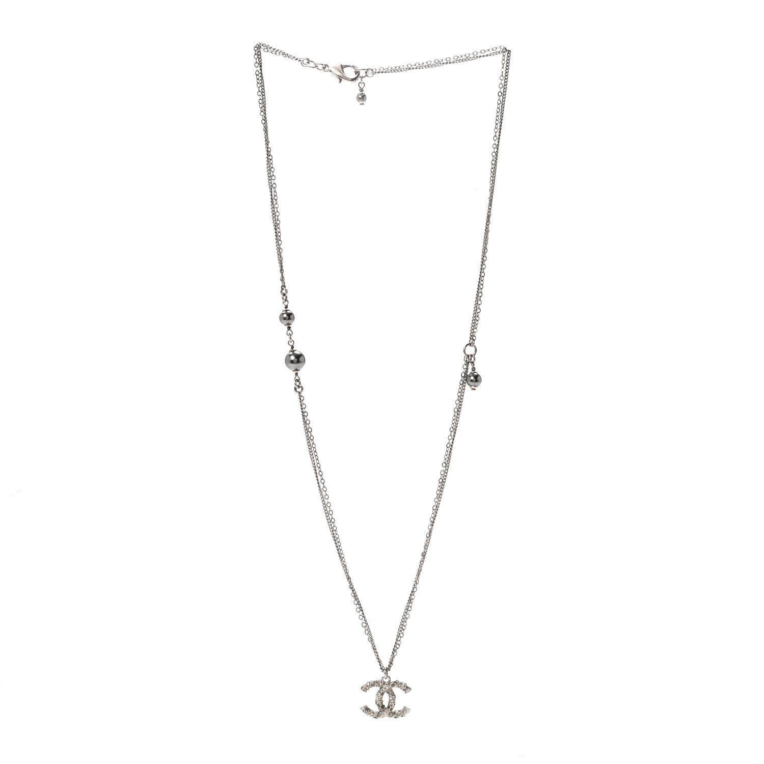 Chanel Crystal Pearl CC Multi Strand Pendant Necklace Silver 3 of 6
