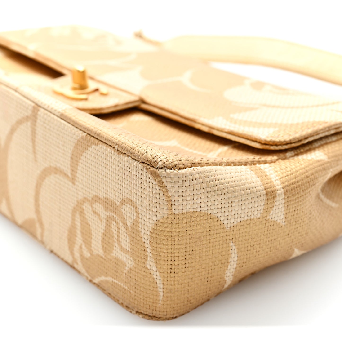 Woven Straw Camellia Print Medium Single Flap Gold