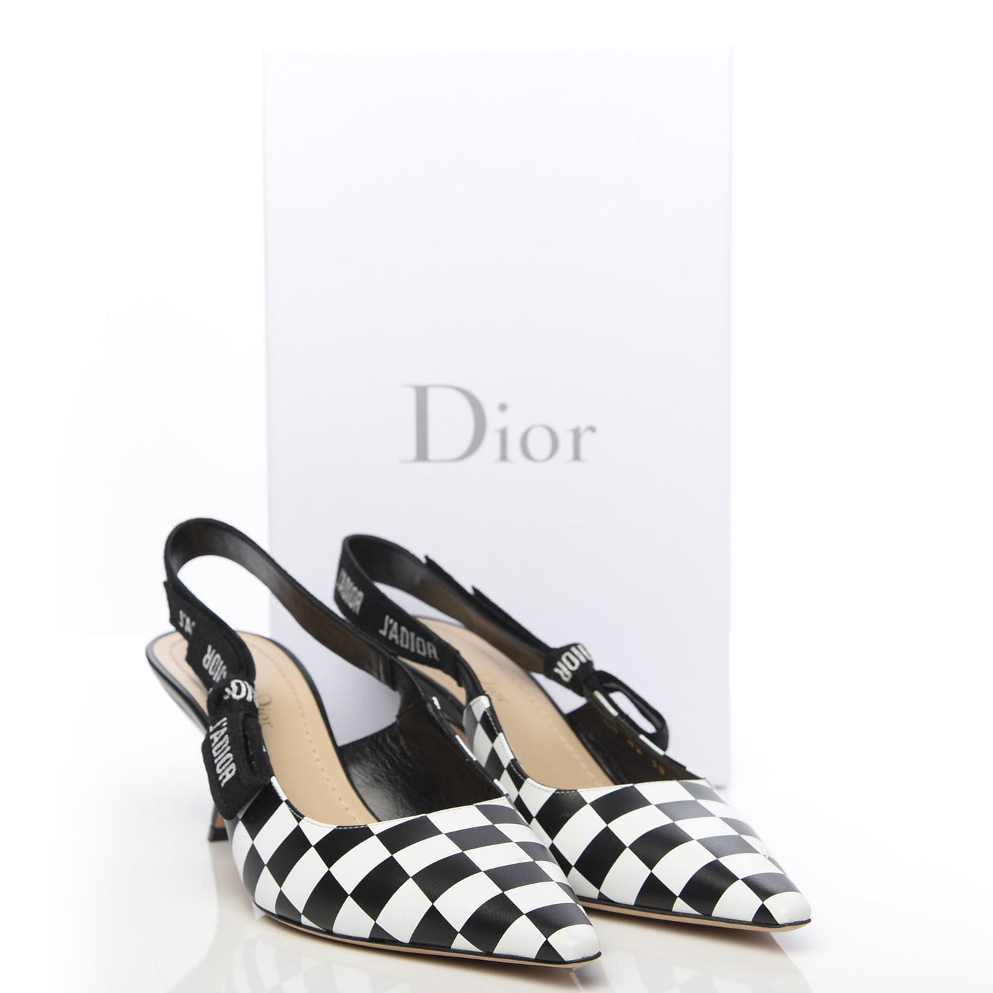 Calfskin Ribbon Checker Print J'Adior Slingback 65mm Pumps 38.5 Black White