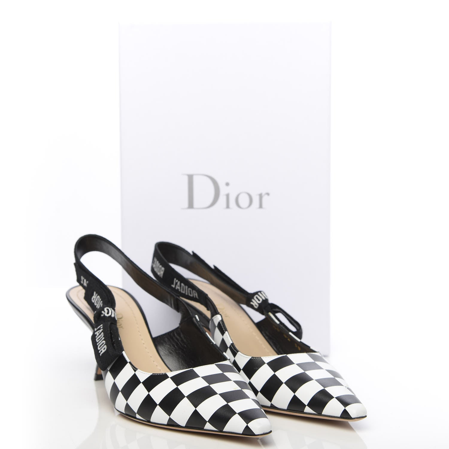 Christian Dior Calfskin Ribbon Checker Print J'Adior Slingback 65mm Pumps 38.5 Black White 11 of 11