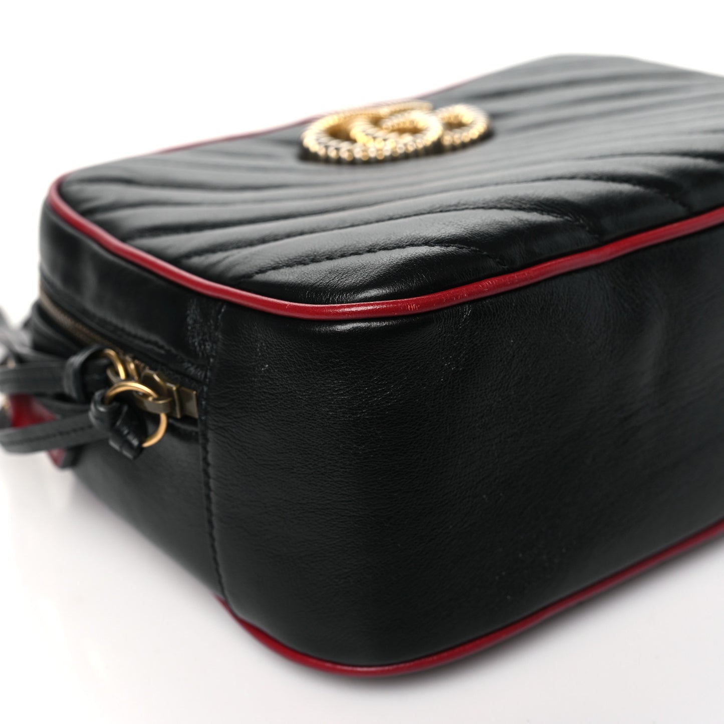 Vintage Effect Calfskin Matelasse Diagonal Small Torchon GG Marmont Bamboo Top Handle Shoulder Bag Black Romantic Cherry