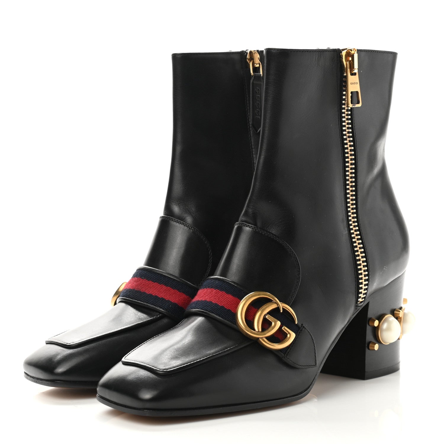 Gucci Betis Glamour Calfskin Web Pearl Embellished Peyton 75mm Ankle Boots 37.5 Black 3 of 8