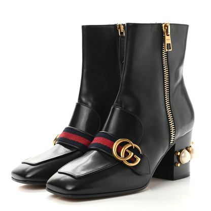 Gucci Betis Glamour Calfskin Web Pearl Embellished Peyton 75mm Ankle Boots 37.5 Black 3 of 8