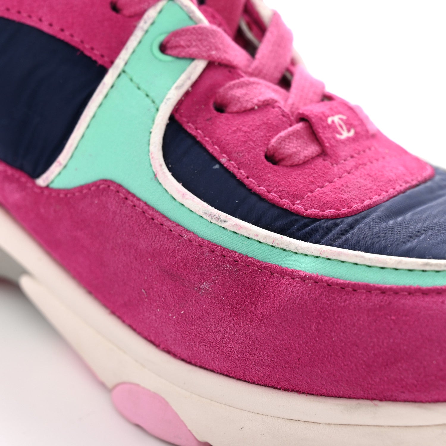 Chanel Nylon Calfskin Suede CC Sneakers 39.5 Pink Green 15 of 17