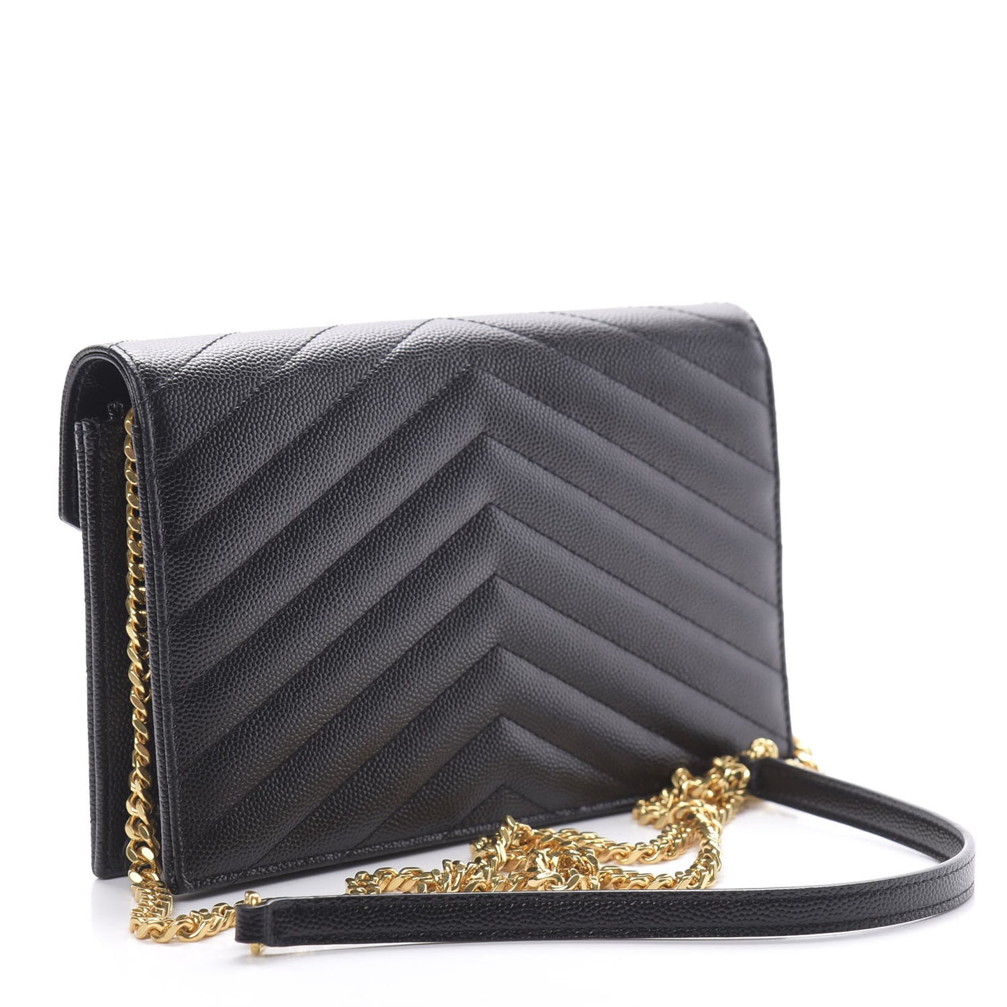 Grain De Poudre Matelasse Chevron Monogram Envelope Chain Wallet Black