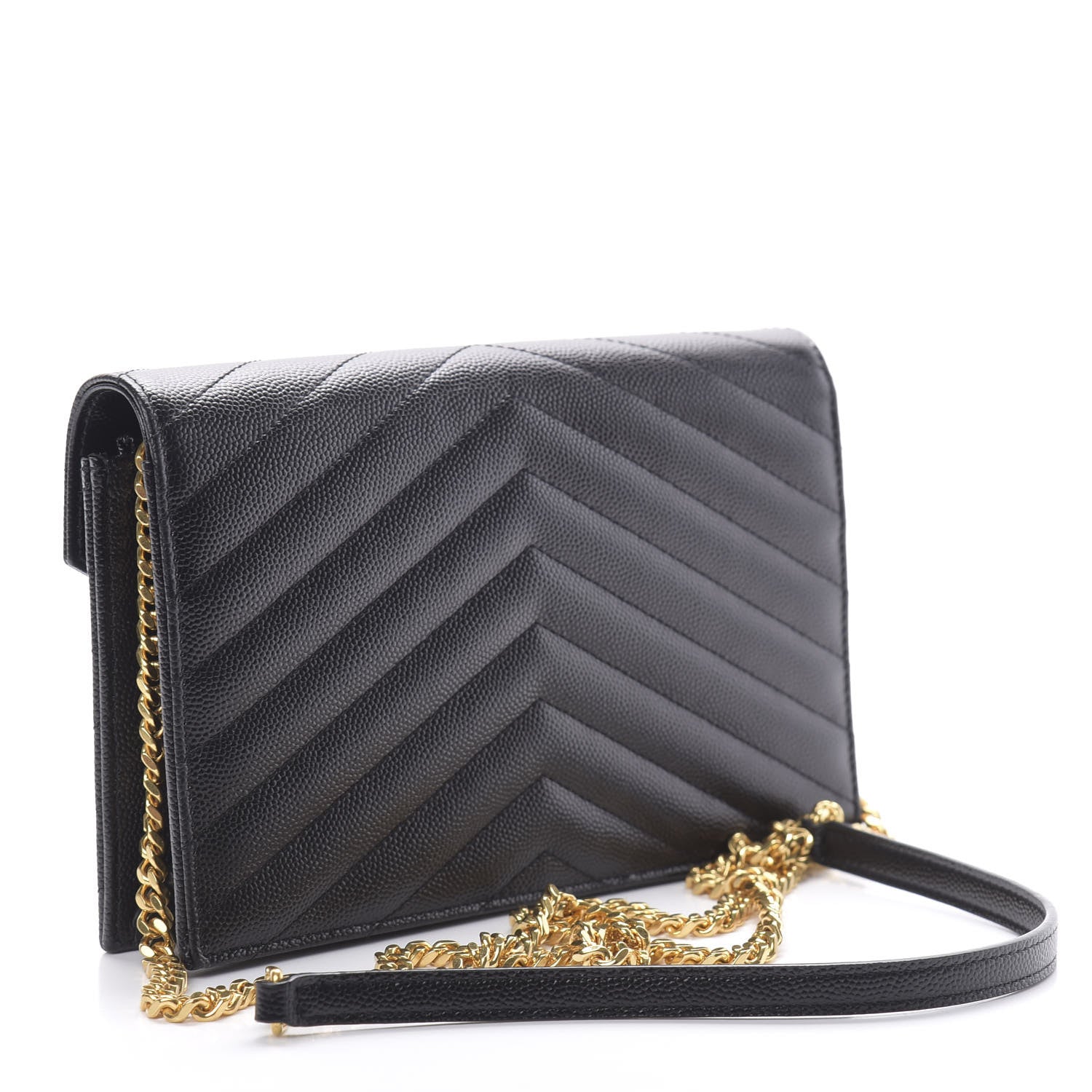 Saint Laurent Grain De Poudre Matelasse Chevron Monogram Envelope Chain Wallet Black 4 of 12