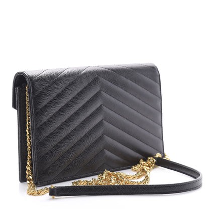 Saint Laurent Grain De Poudre Matelasse Chevron Monogram Envelope Chain Wallet Black 4 of 12