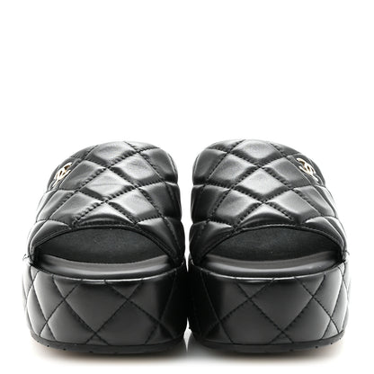 Chanel Lambskin Quilted CC Mules Wedge Sandals 39 Black 3 of 10