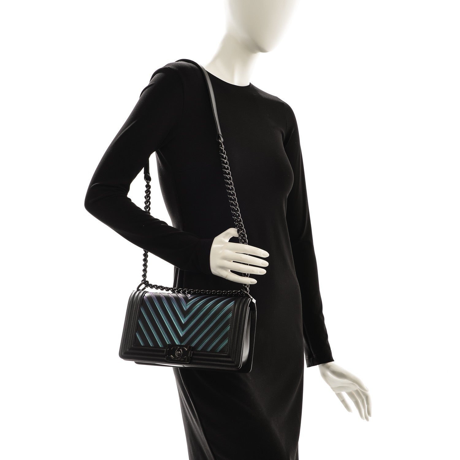Chanel Calfskin Painted Chevron Embossed Medium Boy Flap Black 2 of 9