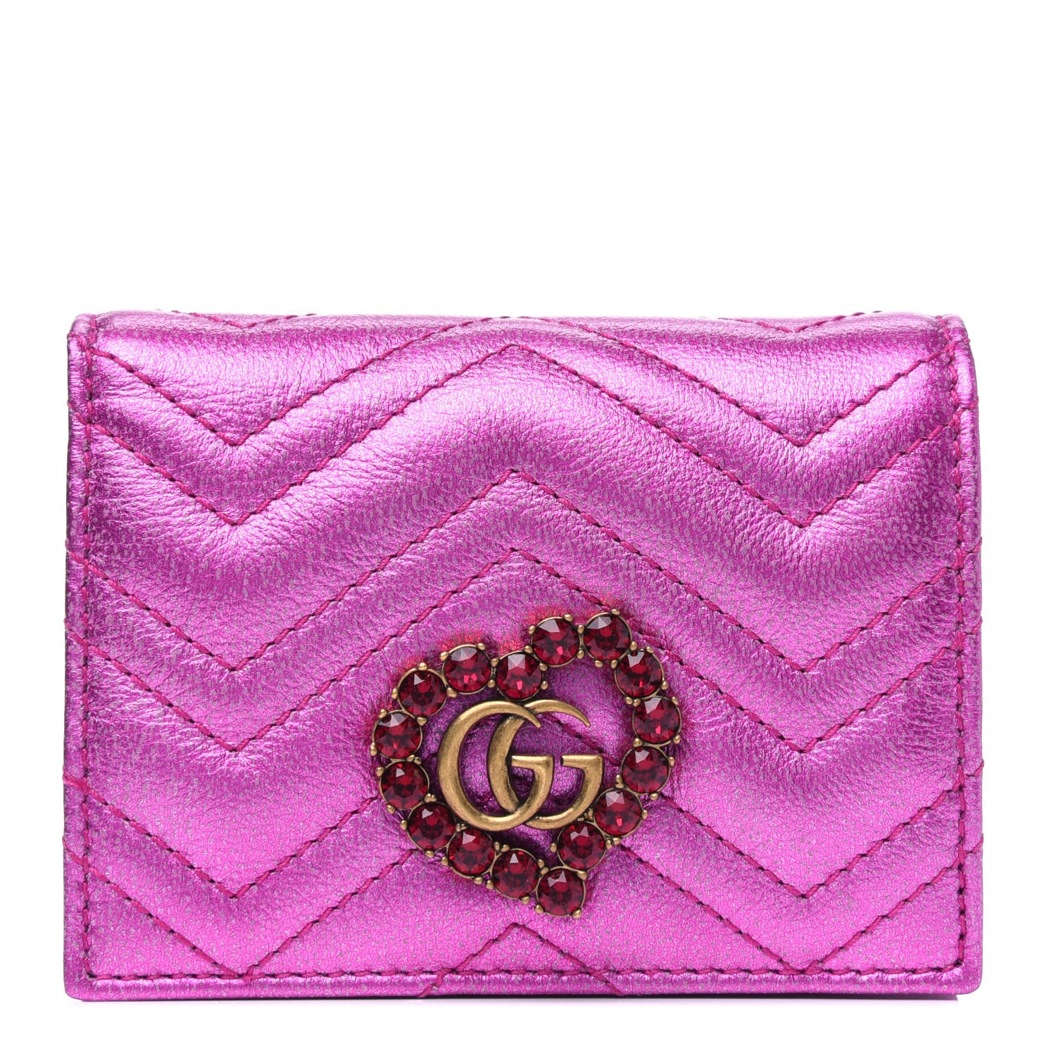 Gucci Metallic Calfskin Matelasse Crystal GG Marmont Wallet Pink 1 of 5