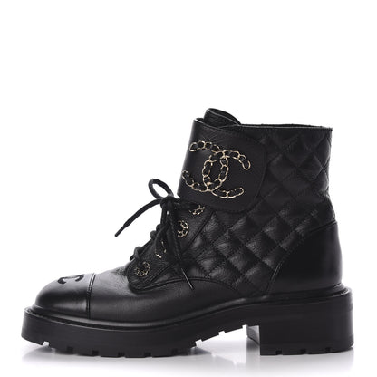 Chanel Shiny Goatskin Calfskin Quilted Lace Up Combat Boots 36 Black 1 of 8