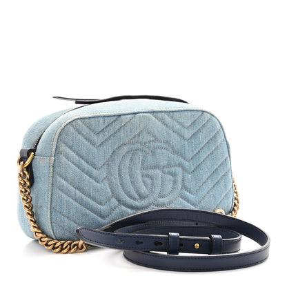 Gucci Denim Matelasse Embroidered Small GG Marmont Chain Shoulder Bag Blue 3 of 14