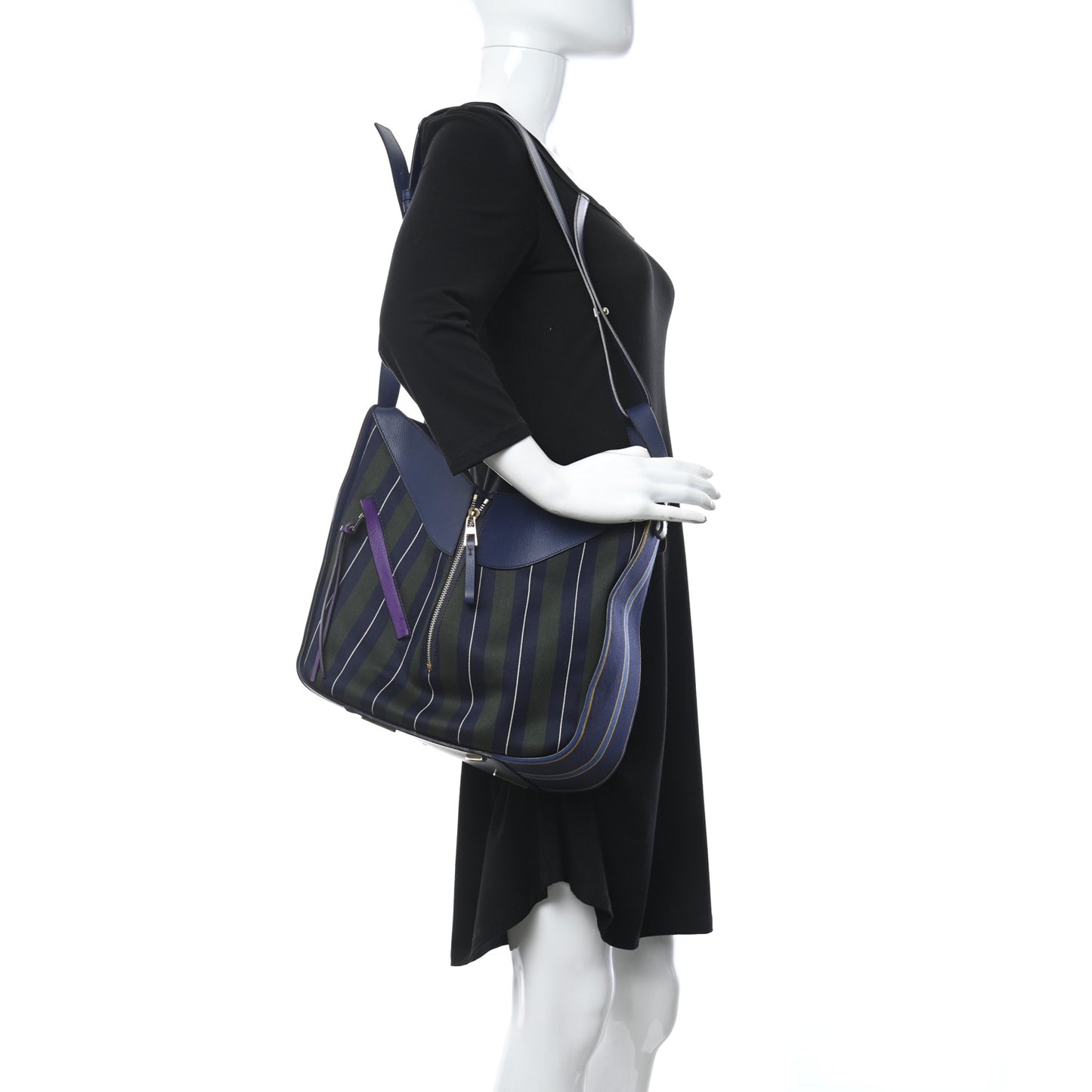 Canvas Calfskin Stripes Hammock Shoulder Bag Blue Red