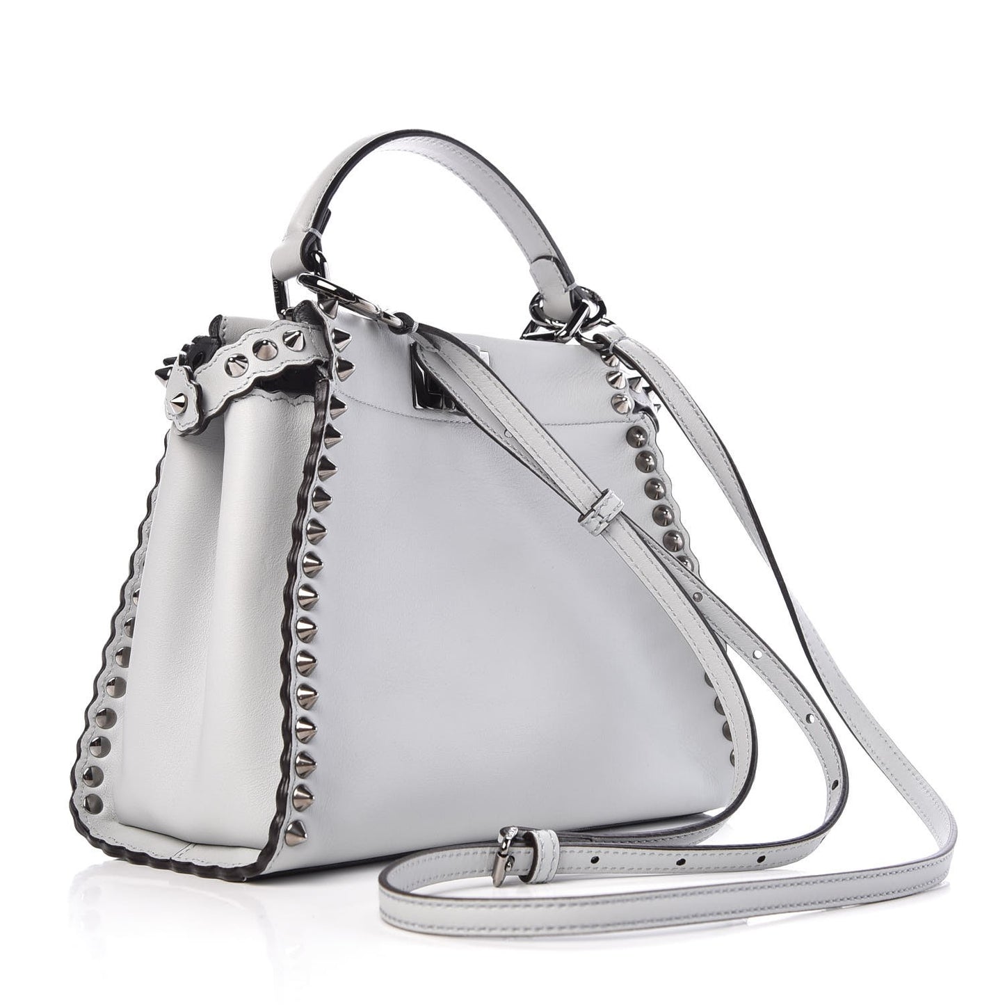 Vitello Seta Shiny Nappa Scalloped Studded Mini Peekaboo Iconic Satchel Grigio Perla