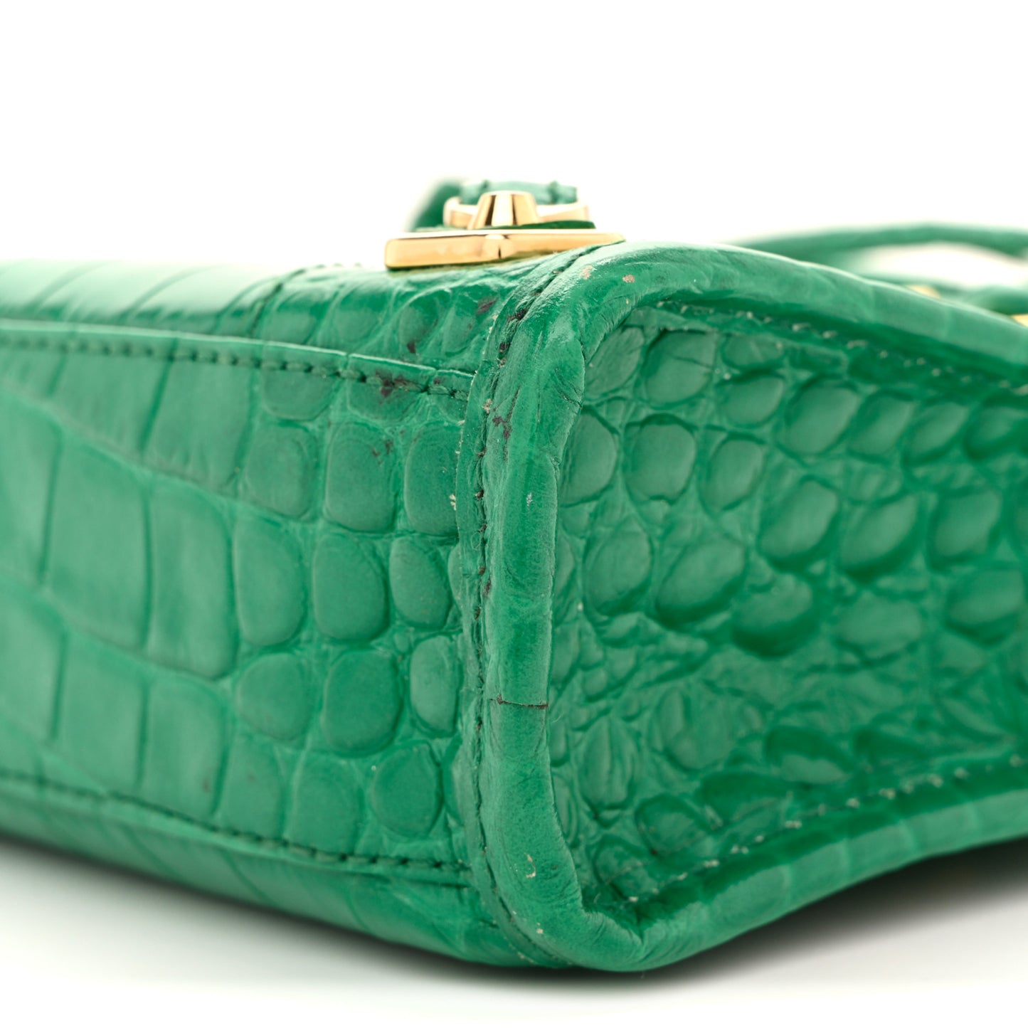 Shiny Supple Calfskin Crocodile Embossed Gold Metallic Edge Hardware Nano City Leaf Green