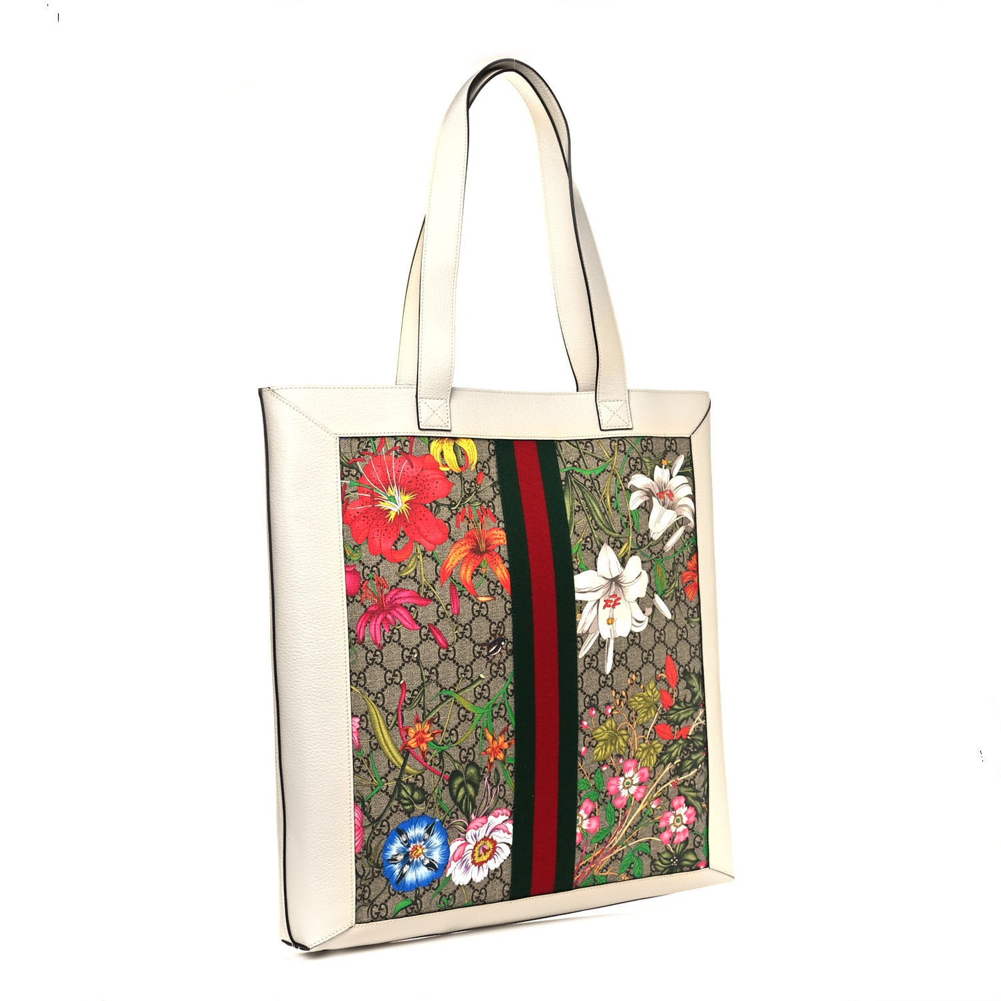 GG Supreme Monogram Flora Web Ophidia Vertical Shopping Tote White
