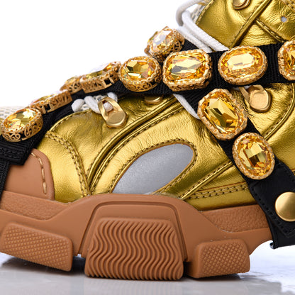 Gucci X SEGA Metallic Calfskin Mesh Removable Crystals Womens Flashtrek Sneakers 39 Oro Vecchio Mystic White Silver 9 of 19