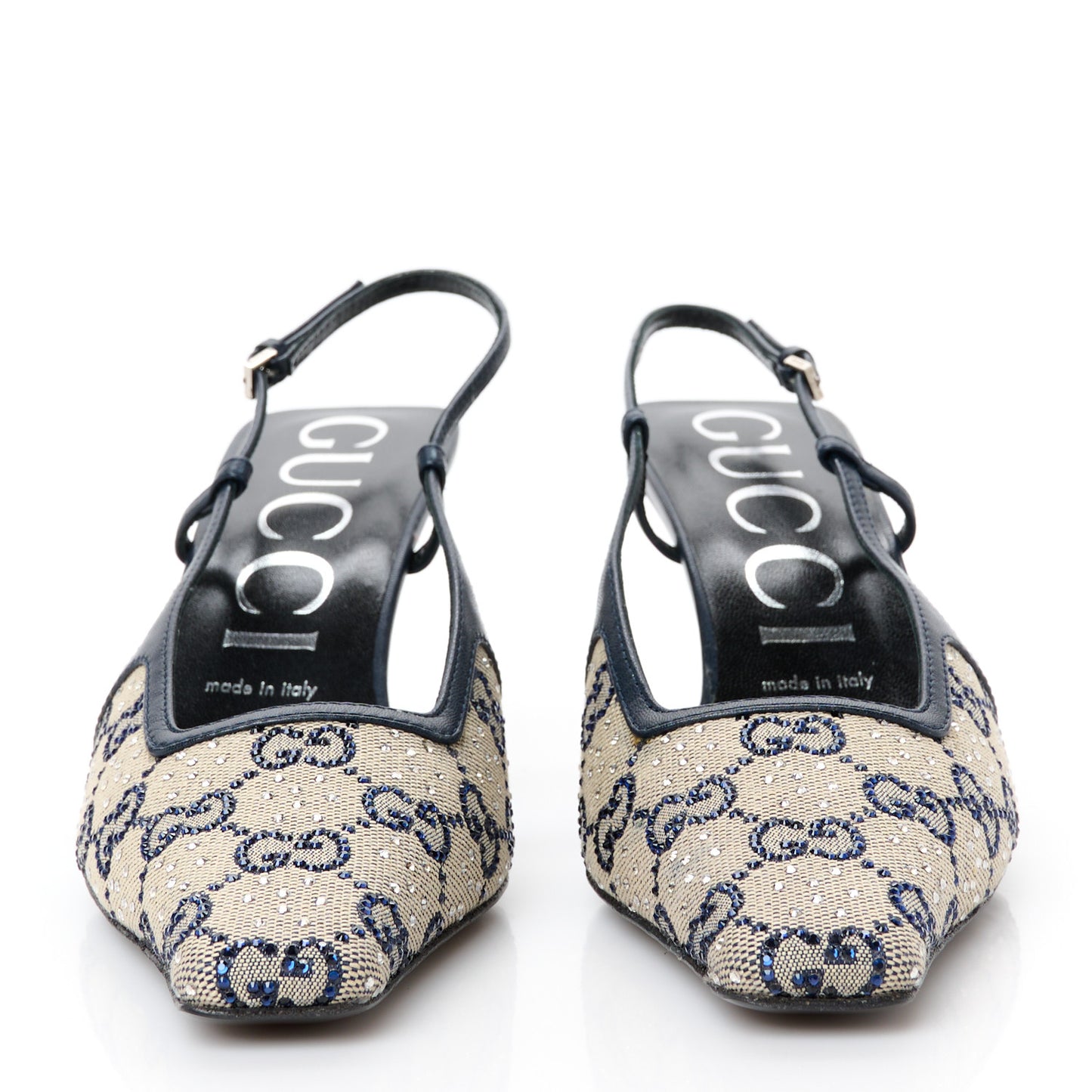 GG Monogram Malaga Kid Crystal Square G 75mm Slingback Pumps 38 Beige Blue